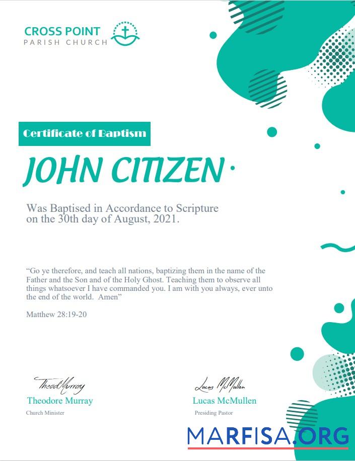 Realistic USA Baptism Certificate template in Word and PDF format, version 2